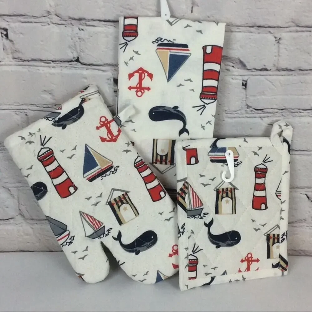 ⚓️Nautical Coastal Life 3 Pc. Kitchen Set~1 Dish Towel~1 Pot Holders~1 Oven Mitt